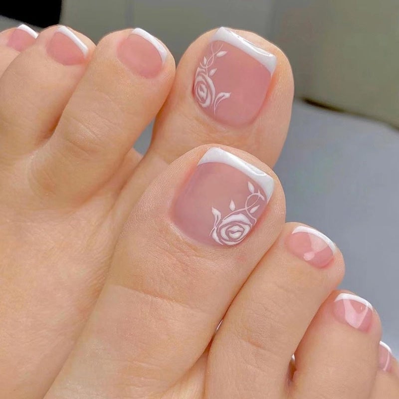 CTTHNBD 6 Packs (144 Pcs) Press on Toenails, French Tip, Pink, Flower, Glue on, Gel, Stick on, 12 Sizes-6 Styles - Image 4